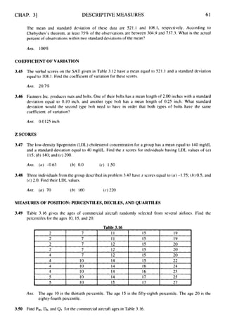 CHAP. 31 DESCRIPTIVE MEASURES 61
The mean and standard deviation of these data are 521.1 and 108.1, respectively. According to
Chebyshev’s theorem, at least 75% of the observations are between 304.9 and 737.3. What is the actual
percent of observations within two standard deviations of the mean?
Ans. 100%
COEFFICIENT OF VARIATION
3.45
3.46
The verbal scores on the SAT given in Table 3.12 have a mean equal to 52 1.1 and a standard deviation
equal to 108.1. Find the coefficient of variation for these scores.
Ans. 20.7%
Fastners Inc. produces nuts and bolts. One of their bolts has a mean length of 2.00 inches with a standard
deviation equal to 0.10 inch, and another type bolt has a mean length of 0.25 inch. What standard
deviation would the second type bolt need to have in order that both types of bolts have the same
coefficient of variation?
Am. 0.0125 inch
Z SCORES
3.47 The low-density lipoprotein (LDL) cholesterol concentration for a group has a mean equal to 140 mg/dL
and a standard deviation equal to 40 mg/dL. Find the z scores for individuals having LDL values of (a)
1IS; (b) 140; and (c) 200.
AILS. (a) -0.63 (b) 0.0 (c) 1.50
3.48 Three individuals from the group described in problem 3.47 have z scores equal to (a)-1.75; (b)0.5; and
(c) 2.0. Find their LDL values.
Ans. (a) 70 (6) 160 (c) 220
MEASURES OF POSITION: PERCENTILES, DECILES, AND QUARTILES
3.49 Table 3.16 gives the ages of commercial aircraft randomly selected from several airlines. Find the
percentiles for the ages 10, 15,and 20.
Table 3.16
Ans. The age 10 is the thirtieth percentile. The age 15 is the fifty-eighth percentile. The age 20 is the
eighty-fourth percentile.
3.50 Find Pm, Dg, and Q 3 for the commercial aircraft ages in Table 3.16.
 