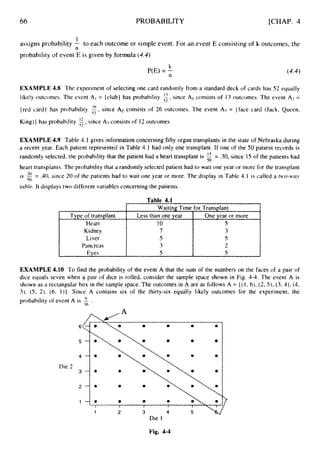 66 PROBABILITY [CHAP. 4
Type of transplant
Heart
Kidney
Liver
Pancreas
Eyes
1
n
assigns probability - to each outcome or simple event. For an event E consisting of k outcomes, the
probability of event E is given by formula (4.4)
k
n
P(E) = - (4.4)
Waiting Time for Transplant
10 5
7 3
5 5
3 2
5 5
Less than one year One year or more
EXAMPLE 4.8 The experiment of selecting one card randomly from a standard deck of cards has 52 equally
likely outcomes. The event A, = (club) has probability g,since A, consists of 13 outcomes. The event A2 =
{red card) has probability E,since A2 consists of 26 outcomes. The event A? = { face card (Jack, Queen,
King)} has probability g,since A3 consists of 12outcomes.
EXAMPLE 4.9 Table 4.1 gives information concerning fifty organ transplants in the state of Nebraska during
a recent year. Each patient represented in Table 4.1 had only one transplant. If one of the 50 patient records is
randomly selected, the probability that the patient had a heart transplant is = .30,since 15 of the patients had
heart transplants. The probability that a randomly selected patient had to wait one year or more for the transplant
I S - = .40,
since 20 of the patients had to wait one year or more. The display in Table 4.1 is called a titw-huy
table. It displays two different variables concerning the patients.
’ 20
so
EXAMPLE 4.10 To find the probability of the event A that the sum of the numbers on the faces of a pair of
dice equals seven when a pair of dice is rolled, consider the sample space shown in Fig. 4-4. The event A is
shown as a rectangular box in the sample space. The outcomes in A are as follows A = { ( 1, 6),(2, 5). (3, 4), (4,
3). (5, 2), (6, I)}. Since A contains six of the thirty-six equally likely outcomes for the experiment, the
probability of event A is .
36
Die 2
2 - 0
0
1 - - .
I I r I
1 2 3 4
Die 1
Fig. 4-4
 