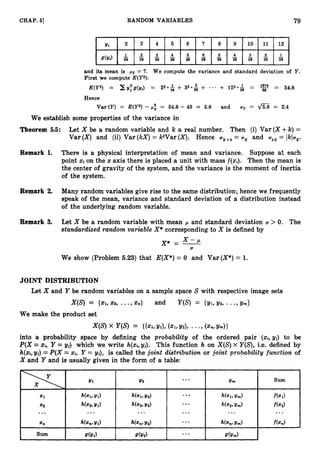 79
CHAP. 61 RANDOM VARIABLES
y
i 2 3 4 5 6 7 8 9 1 0 1 1 1 2
4 3
- 2
. 4 3 z I
g(ll{) r 2 3
36 36 36 36 36 36 36 36 36 36 36
and its mean is by = 7
. We compute the variance and standard deviation of Y.
First we compute E(Y2):
xy;g(yi)
~ ( y 2 )
= = 2 2 . 1 36
36 + 3 2 . 6 -1 ... + 122-& = 1974 = 64.8
Hence
Var (Y)= E(Y2)- p z = 64.8 - 49 = 5.8 and ay = = 2.4
We establish some properties of the variance in
Theorem 5.5: Let X be a random variable and k a real number. Then (i) Var (X+k)=
Var (X)and (ii) Var (kX)= k2Var(X). Hence = uX and ukX= lkluX.
Remark 1. There is a physical interpretation of mean and variance. Suppose at each
point zt on the x axis there is placed a unit with mass f(zi). Then the mean is
the center of gravity of the system, and the variance is the moment of inertia
of the system.
Remark 2. Many random variables give rise to the same distribution; hence we frequently
speak of the mean, variance and standard deviation of a distribution instead
of the underlying random variable.
Remark 3. Let X be a random variable with mean p and standard deviation U > 0. The
standardized random variable X* corresponding to X is defined by
x* = X - p
U
We show (Problem 5.23) that E(X*)= 0 and Var (X*)
= 1.
JOINT DISTRIBUTION
Let X and Y be random variables on a sample space S with respective image sets
X(S) = {xi, x2, ...,zn} and Y(S) = {yi, ~ 2 ,
...)yrn}
We make the product set
Yl 'U2
... 'Um Sum
X1 W l , 111) h(x1,Y2) ... Mz1, 'Urn) f ( 4
x2 h(x2,Y1) w 2 , 'U21 ... w 2 , '
U
,
) f (22)
... ... ... ... ... ...
Xn MXn, YI) MZn, YZ) ... h(xn,'Urn) f (2,)
Sum Q(Y1) g(Y2) ... g b m )
 