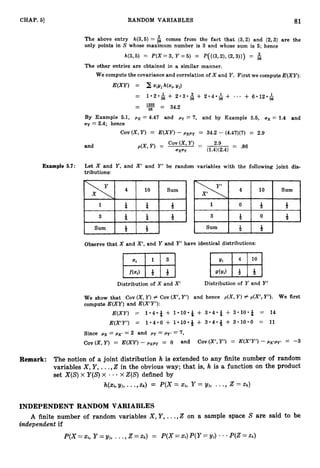 CHAP. 51 RANDOM VARIABLES 81
The above entry h(3,5) = 6 comes from the fact that (3,2) and (2,3) are the
only points in S whose maximum number is 3 and whose sum is 5; hence
h(3,5) = P(X =3, Y = 5) = P({(3,2), (2,3)}) = s
2
The other entries are obtained in a similar manner.
We compute the covariance and correlation of X and Y. First we compute E(XY):
E(XY) = I
:XiYjh(z,,Yj)
By Example 5.1, px = 4.47 and py = 7, and by Example 5.6, ux = 1.4 and
ay = 2.4; hence
COV
(X, Y) = E(XY) - pxpy 34.2 - (4.47)(7) = 2.9
and
Example 5.7: Let X and Y, and X’and Y’ be random variables with the following joint dis-
tributions:
10 Sum 10 Sum
1 t t 9 1 0 4 4
3 4 t 4 3 4 0 8
Sum 4 9 Sum 9
Observe that X and X’, and Y and Y’have identical distributions:
Distribution of X and X‘ Distribution of Y and Y‘
W e show that Cov (X,
Y)# Cov (X’, Y’)and hence p(X, Y) Z p(X’, Y’). We first
compute E(XY) and E(X’Y’):
E(XY) = 1 . 4 . i + 1 * l O * ) + 3 . 4 . i + 3 * 1 0 * & = 14
E(X’Y‘)= 1 . 4 . 0 + 1 . l O . g + 3 * 4 . + + 3 - 1 0 * 0 = 11
Since px = ,ux’= 2 and ,
q= py‘ = 7,
Cov(X,Y) = E(XY) - pxpy = 0 and Cov(X’,Y’) = E(X’Y’) - pxtpy’ = -3
Remark: The notion of a joint distribution h is extended to any finite number of random
variables X,Y,...,Zin the obvious way; that is, h is a function on the product
set X(S)X Y(S)X - x Z(S) defined by
?&(xi,
yj, ...,zk) = P(x= xi, Y = yj, ..- 9 = zk)
INDEPENDENT RANDOM VARIABLES
A finite number of random variables X, Y,...,Zon a sample space S are said to be
independent if
 