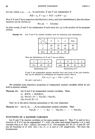 82 RANDOM VARIABLES [CHAP. 5
for any values X i , y
j
, ...,zk. In particular, x and Y are independent if
Now if X and Y have respective distributions f and g,and joint distribution h, then the above
equation can be written as
h(%,Y
j
) = f(%)S(%)
In other words, X and Y are independent if each entry h(xi,y~j)
is the product of its marginal
entries.
Example 5.8: Let X and Y be random variables with the following joint distribution:
Thus the distributions of X and Y are as follows:
Distribution of X Distribution of Y
X and Y are independent random variables since each entry of the joint distribu-
tion can be obtained by multiplying its marginal entries; that is,
P(X =xi,Y =yj) = P(X =Xi)P(Y =yj)
for each i and each j .
We establish some important properties of independent random variables which do not
hold in general; namely,
Theorem 5.6: Let X and Y be independent random variables. Then:
(i) E(XY) = E(X)E(Y),
(ii) Var ( X +Y ) = Var (A? +Var (Y),
(iii) Cov (X, Y )= 0.
Part (ii) in the above theorem generalizes to the very important
Theorem 5.7: Let XI,XZ,...,X, be independent random variables. Then
Var(X1 + + X,) = Var(X1) + ... + Var(X,)
FUNCTIONS OF A RANDOM VARIABLE
Let X and Y be random variables on the same sample space S. Then Y is said to be a
function of X if Y can be represented Y = @(X)for some real-valued function cp of a real
variable; that is, if Y(s)= cp[X(s)]for every s E S. For example, kX, X2,X +k and (X+k)2
=
are all functions of X with ~ ( x )kx, x2, x +k and (x+k)2 respectively. We have the
fundamental
 