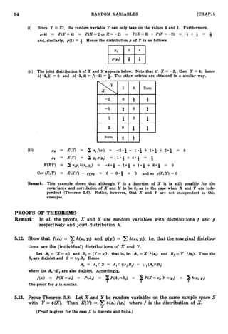 94 RANDOM VARIABLES [CHAP. 6
(i) Since Y = X2, the random variable Y can only take on the values 4 and 1. Furthermore,
'
g(4) = P(Y=4) = P ( X = 2 o r X = - 2 ) = P ( X = 2 ) + P ( X = - 2 ) = & + % = 3
and, similarly, g(1) = 4. Hence the distribution g of Y is as follows:
(ii) The joint distribution h of X and Y appears below. Note that if X = -2, then Y = 4; hence
h(-2,1) = 0 and h(-2,4) = f(-2) = $. The other entries are obtained in a similar way.
Remark: This example shows that although Y is a function of X it is still possible for the
covariance and correlation of X and Y to be 0, as in the case when X and Y are inde-
pendent (Theorem 5.6). Notice, however, that X and Y are not independent in this
example.
PROOFS OF THEOREMS
Remark: In all the proofs, X and Y are random variables with distributions f and g
respectively and joint distribution h.
5.12. Show that f(xj) = h(x,yj) and g(gJ = h(xj,yj), i.e. that the marginal distribu-
3 t
tions are the (individual) distributions of X and Y.
Let Ai = (X =xi} and Bj = {Y=yj}; that is, let A,= X-l(xi) and Bj = Y-l(gj). Thus the
Bj are disjoint and S = U Bj. Hence
Ai = A , n S = A i n ( u j B j )= u j ( A i n B j )
where the A@, are also disjoint. Accordingly,
f(xi) = P ( X = xi) = P(Ai) = 2 P(AinBj) = 2 P ( X = xi,Y =gj) = h(xi,yj)
5 J 5
The proof for g is similar.
5
.
1
3
. Prove Theorem 5.8: Let X and Y be random variables on the same sample space S
with Y = (~(x).
Then E(Y) = 2@(xi) f(xi) where f is the distribution of X.
i
(Proof is given for the case X is discrete and finite.)
 