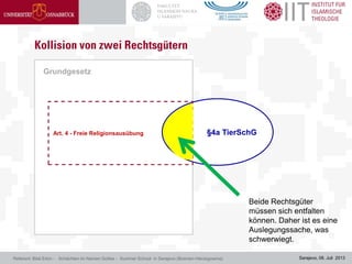 Sarajevo, 08. Juli 2013Referent: Bilal Erkin - Schächten im Namen Gottes - Summer School in Sarajevo (Bosnien-Herzegowina)
Grundgesetz
§4a TierSchGArt. 4 - Freie Religionsausübung
Beide Rechtsgüter
müssen sich entfalten
können. Daher ist es eine
Auslegungssache, was
schwerwiegt.
 