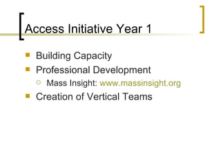 Access Initiative Year 1 Building Capacity Professional Development Mass Insight:  www.massinsight.org Creation of Vertical Teams 