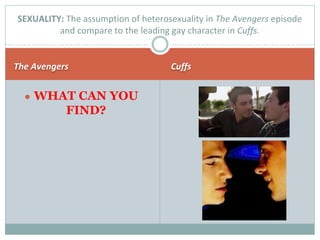 The Avengers Cuffs
SEXUALITY: The assumption of heterosexuality in The Avengers episode
and compare to the leading gay character in Cuffs.
● WHAT CAN YOU
FIND?
 
