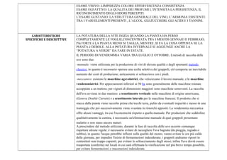 ESAME VISIVO: LIMPIDEZZA COLORE EFFERVESCENZA CONSISTENZA
ESAME OLFATTIVO: LA QUALITA DEI PROFUMI L’INTENSITA LA PERSISTENZA, IL
RICONOSCIMENTO DEGLI ODORI PERCEPITI.
L’ESAME GUSTAVIO: LA STRUTTURA GENERALE DEL VINO, L’ARMONIA ESISTENTE
TRA I VARI ELEMENTI PRESENTI , L’ALCOL, GLI ZUCCHERI, GLI ACIDI E I TANNINI.
CARATTERISTICHE
SPECIFICHE E DESCRITTIVE
LA POTATURA DELLA VITE INIZIA QUANDO LA PIANTA HA PERSO
COMPLETAMENTE LE FOGLIE,CONCENTRATA TRA I MESI DI GENNAIO E FEBBRAIO,
Più FORTE è LA PIANTA MENO SI TAGLIA, MENTRE ,SI FA LA COSA OPPOSTA SE LA
PIANTA è DEBOLE. ALLA POTATURA INVERNALE SI AGGIUNGE ANCHE LA
“POTATURA A VERDE” DA FARE IN ESTATE.
IL PERIODO DI VENDEMMIA VARIA TRA LUGLIO E OTTOBRE. I metodi di raccolta delle
uve sono due:
-manuale: viene utilizzata per la produzione di vini di elevata qualità e degli spumanti metodo
classico, in quanto è necessario operare una scelta selettiva dei grappoli; ciò comporta un inevitabile
aumento dei costi di produzione; anticamente si schiacciava con i piedi.
-meccanico: esistono le macchine agevolatrici, che velocizzano il lavoro manuale, e le macchine
vendemmiatrici. Per appezzamenti inferiori ai 50 ha sono generalmente delle macchine trainate
accoppiate a un trattore; per vigneti di dimensioni maggiori sono macchine semoventi. La raccolta
dell'uva avviene in due maniere: a scuotimento verticale nelle macchine di origine americana,
(Geneva Double Curtain) e a scuotimento laterale per le macchine francesi. Il prodotto che si
stacca dalla pianta viene raccolto prima che tocchi terra, pulito da eventuali impurità e messo in una
tramoggia che poi successivamente viene svuotata in rimorchi appositi. La vendemmia meccanica
offre alcuni vantaggi, tra cui l'economicità rispetto a quella manuale. Per produzioni che soddisfino
qualitativamente la cantina, è necessaria un'eliminazione manuale di quei grappoli presentano
malattie o non siano ancora maturi.
A prescindere dal metodo utilizzato, durante la fase di raccolta delle uve occorre comunque
rispettare alcune regole: è necessario evitare di raccogliere l'uva bagnata (da pioggia, rugiada o
nebbia), in quanto l'acqua potrebbe influire sulla qualità del mosto; vanno evitate le ore più calde
della giornata, per impedire l'inizio di fermentazioni indesiderate; i grappoli andranno riposti in
contenitori non troppo capienti, per evitare lo schiacciamento degli stessi; infine l'uva dovrà essere
trasportata (conferita) nei locali in cui sarà effettuata la vinificazione nel più breve tempo possibile,
per evitare fermentazioni o macerazioni indesiderate.
 