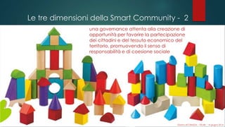 una governance attenta alla creazione di
opportunità per favorire la partecipazione
dei cittadini e del tessuto economico del
territorio, promuovendo il senso di
responsabilità e di coesione sociale
Le tre dimensioni della Smart Community - 2
Gianni LACORAZZA – TDLAB – 14 giugno 2014
 