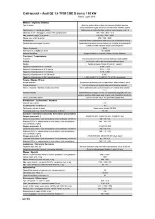 40/40
Dati tecnici – Audi Q2 1.4 TFSI COD S tronic 110 kW
Status: Luglio 2016
Motore / Impianto elettrico
Tipo di motore Motore a quattro cilindri in linea con iniezione diretta di benzina,
turbocompressore a gas di scarico con intercooler indiretto, quattro
valvole per cilindro,Distribuzione / n° valvole per cilindro Distribuzione a cinghia dentata, levette di trascinamento a rulli / 4
Cilindrata, in cm³ / alesaggio x corsa in mm / compressione 1395 / 74.5 x 80.0 / 10.0
Max. potenza in kW (CV) a giri/min 110 (150) / 5000 - 6000
Coppia max, in Nm / a giri/min 250 / 1500 - 3500
Alimentazione Iniezione diretta completamente elettronica con acceleratore drive by
w ireSistema depurazione gas di scarico Catalizzatore ceramico vicino al motore con funzione di riscaldamento
catalitico tramite iniezione doppia (split omogeneo)
Classe di emissioni EU 6
Alternatore in A / batteria in A/Ah 110 / 320/59
Sistema Start&Stop Spegne il motore se il veicolo è fermo e il freno è inserito.
Trazione / Trasmissione
Trazione Trazione anteriore con ESC controllo elettronico della stabilità
Frizione Due frizioni a secco ad azionamento elettroidraulico
Cambio Cambio a doppia frizione S tronic a 7 rapporti
Rapporto di trasmissione in I / II marcia 3.765 / 2.273
Rapporto di trasmissione in III / IV marcia 1.531 / 1.133
Rapporto di trasmissione in V / VI marcia 1.176 / 0.956
Rapporto di trasmissione in VII / VIII marcia 0.795 / -
Rapporto di trasmissione in RM / rapporto al ponte 4.168 / 4.438 (1°-4°); 3.227 (5°-7°); 4.176 (retromarcia)
Telaio / Sterzo / Freni
Assale anteriore Sospensioni McPherson con forcelle inferiori, telaio ausiliario, barra
stabilizzatrice tubolareAssale posteriore barra di torsione con gruppo molla-ammortizzatore separato
Sterzo / riduzione / diametro di volta, in m (D102) Sterzo elettromeccanico con servosterzo in funzione della velocità /
11.1
Sistema frenante Sistema frenante a doppio circuito con ripartizione diagonale, ESC con
gestione selettiva della coppia sulle singole ruote, dispositivo idraulico di
assistenza alla frenata, freni a disco autoventilanti all’anteriore, solidi alCerchi / pneumatici (base) Cerchi in acciaio 6.0J x 16 / pneumatici 205/60 R16
Prestazioni / Carburante / Acustica
Velocità max, in km/h 212
Accelerazione 0-100 km/h, in s 8.5
Carburante / numero di ottani Super senza piombo / 95 RON
Rumorosità esterna a veicolo fermo/passante, in dB (A) 74 / 69
Consumi / Emissioni (secondo dimensioni pneumatici)
Gruppo pneumatici 1 205/60 R16 92V, 215/60 R16 95V, 215/55 R17 94V
Consumo ciclo urbano / ciclo extraurbano / ciclo combinato, in l/100 km 6.3 / 4.6 / 5.2
Emissioni CO2 rif. a massa veicolo in ciclo urbano / ciclo extraurbano /
ciclo combinato, in g/km
143 / 105 / 119
Gruppo pneumatici 2 215/50 R18 92W
Consumo ciclo urbano / ciclo extraurbano / ciclo combinato, in l/100 km 6.4 / 4.8 / 5.4
Emissioni CO2 rif. a massa veicolo in ciclo urbano / ciclo extraurbano /
ciclo combinato, in g/km
145 / 110 / 123
Gruppo pneumatici 3 215/50 R18 92W, 235/40 R19 96Y (Audi Sport)
Consumo ciclo urbano / ciclo extraurbano / ciclo combinato, in l/100 km 6.5 / 4.9 / 5.5
Emissioni CO2 rif. a massa veicolo in ciclo urbano / ciclo extraurbano /
ciclo combinato, in g/km
147 / 112 / 125
Assistenza / Garanzia Germania
Tagliando dopo max. km Secondo l’indicatore degli intervalli di manutenzione fino a 30.000 km
(max. 2 anni)Garanzia autoveicolo / vernice / corrosione passante 2 anni a chilometraggio illimitato / 3 anni / 12 anni
Masse / Carichi
Massa a vuoto secondo norme CE(senza guidatore) / (con guidatore) /
massa compl. amm., in kg
1280 / 1355 /
1840
Massa ammessa su asse ant./post., in kg 995 / 935
Max carico rimorch., con pend. 8%/12%, frenato/non fren., in kg 1700 / 1500 / 670
Max carico ammesso sul tetto/al timone rimorchio, in kg 60 / 75
Rifornimenti
Capacità del sistema refrigerante (incl. climatizzatore) in l 10
Olio motore (incl. filtro), in l 4.5 (4.8)
Capacità serbatoio carburante, in l 50
Carrozzeria / Dimensioni
Tipo carrozzeria / n° porte / n° posti SUV / 5 / 5
Coeff. aerodinamico Cx / sezione frontale S, in m² 0.32 / 2.29
Lungh. (L103) / largh. senza retrov. (W103) / alt. (H101-M), in mm 4191 / 1794 / 1508
Passo (L101) / carreggiata ant./post. (W101-1/W101-2), in mm 2601 / 1547 / 1541
Altezza bordo di carico (H196), in mm 740
Volume bagagliaio / con divano posteriore ribaltato, in l 405 / 1050
 