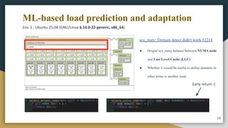 ML-based load prediction and adaptation
18
Env. 1 : Ubuntu 25.04 (GNU/Linux 6.14.0-22-generic, x86_64)
Early return :(
● Origial scx_rusty balance between NUMA node
and Last Level Cache (LLC)
● Whether it would be useful to define domains in
other terms is another issue
scx_rusty: Domain detect didn't work #2214
 