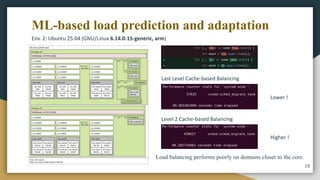 ML-based load prediction and adaptation
19
Last Level Cache-based Balancing
Level 2 Cache-based Balancing
Env. 2: Ubuntu 25.04 (GNU/Linux 6.14.0-15-generic, arm)
Load balancing performs poorly on domains closer to the core.
Lower !
Higher !
 