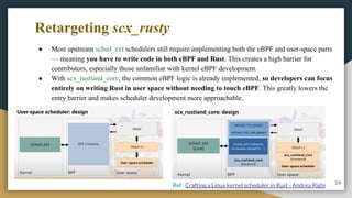 Retargeting scx_rusty
● Most upstream sched_ext schedulers still require implementing both the eBPF and user-space parts
— meaning you have to write code in both eBPF and Rust. This creates a high barrier for
contributors, especially those unfamiliar with kernel eBPF development.
● With scx_rustland_core, the common eBPF logic is already implemented, so developers can focus
entirely on writing Rust in user space without needing to touch eBPF. This greatly lowers the
entry barrier and makes scheduler development more approachable.
24
Ref : Crafting a Linux kernel scheduler in Rust - Andrea Righi
 