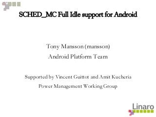 SCHED_MC Full Idle support for Android
Tony Mansson (mansson)
Android Platform Team
Supported by Vincent Guittot and Amit Kucheria
Power Management Working Group
 