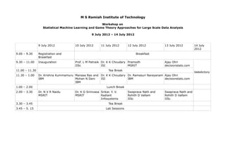 M S Ramiah Institute of Technology

                                                       Workshop on
                   Statistical Machine Learning and Game Theory Approaches for Large Scale Data Analysis

                                                 9 July 2012 – 14 July 2012


                9 July 2012           10 July 2012      11 July 2012       12 July 2012        13 July 2012        14 July
                                                                                                                   2012
9.00 – 9.30     Registration and                                                Breakfast
                Breakfast
9.30 – 11.00    Inauguration          Prof. L M Patnaik Dr. K K Choudary Pramodh               Ajay Ohri
                                      IISc              ISI              MSRIT                 decisionstats.com
11.00 – 11.30                                                 Tea Break
                                                                                                                   Valedictory
11.30 – 1.00    Dr. Krishna Kummamuru Manasa Rao and Dr. K K Choudary Dr. Ramasuri Narayanam Ajay Ohri
                IBM                   Mohan N Dani   ISI              IBM                    decisionstats.com
                                      IBM
1.00 – 2.00                                                 Lunch Break
2.00 – 3.30     Dr. N V R Naidu       Dr. K G Srinivasa Srikar. Y. V.      Swaprava Nath and   Swaprava Nath and
                MSRIT                 MSRIT             Radiant            Rohith D Vallam     Rohith D Vallam
                                                        Infosystems        IISc                IISc
3.30 – 3.45                                                   Tea Break
3.45 – 5. 15                                                Lab Sessions
 