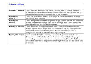 Christmas Holidays
Monday 5th January I have made corrections to the prelim contents page by erasing the majority
of the blue background on the image. I have started the interview for the BPS
so far I have completed the introduction to the interview.
Monday 12th
January
I have started to make my BPS in InDesign. So far I have inserted an image
and created a background.
Monday 19th
January
I have manipulated my BPS background image to make it black and white and
made it cover the entire page, I did this in InDesign. Now I have created the
heading, the stand fist and the drop capital.
Monday 26 January I have made a lot of progress with my BPS, I have coloured the questions,
made a caption for the image, fixed the name at the top and throughout my
work, made an exclusive banner, made the social media logo have no
background, created an individual font style: steelfish.
Monday 23rd March I have uploaded all of the planning and research, preliminary task hand
drawn drafts and finished work and the main task work to the blog page. I
have made grammatical corrections to my documents. I have finished the
production of my music magazine to a very high standard and the prelim task
is finished.
 