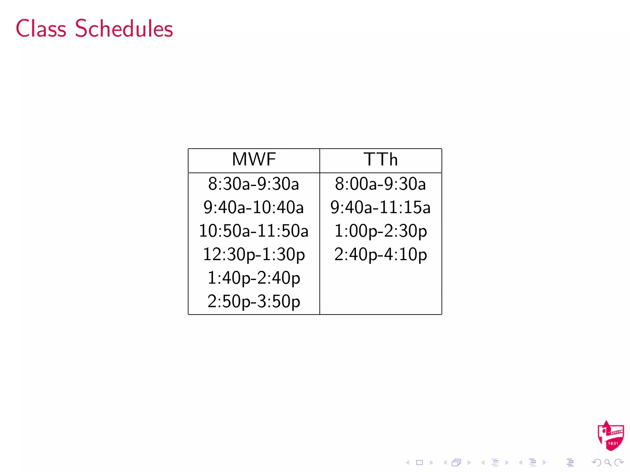 Class Schedules
MWF TTh
8:30a-9:30a 8:00a-9:30a
9:40a-10:40a 9:40a-11:15a
10:50a-11:50a 1:00p-2:30p
12:30p-1:30p 2:40p-4:10p
1:40p-2:40p
2:50p-3:50p
 