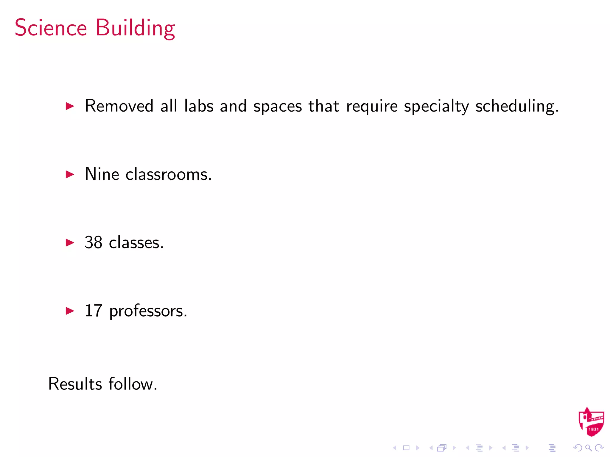 Science Building
Removed all labs and spaces that require specialty scheduling.
Nine classrooms.
38 classes.
17 professors.
Results follow.
 