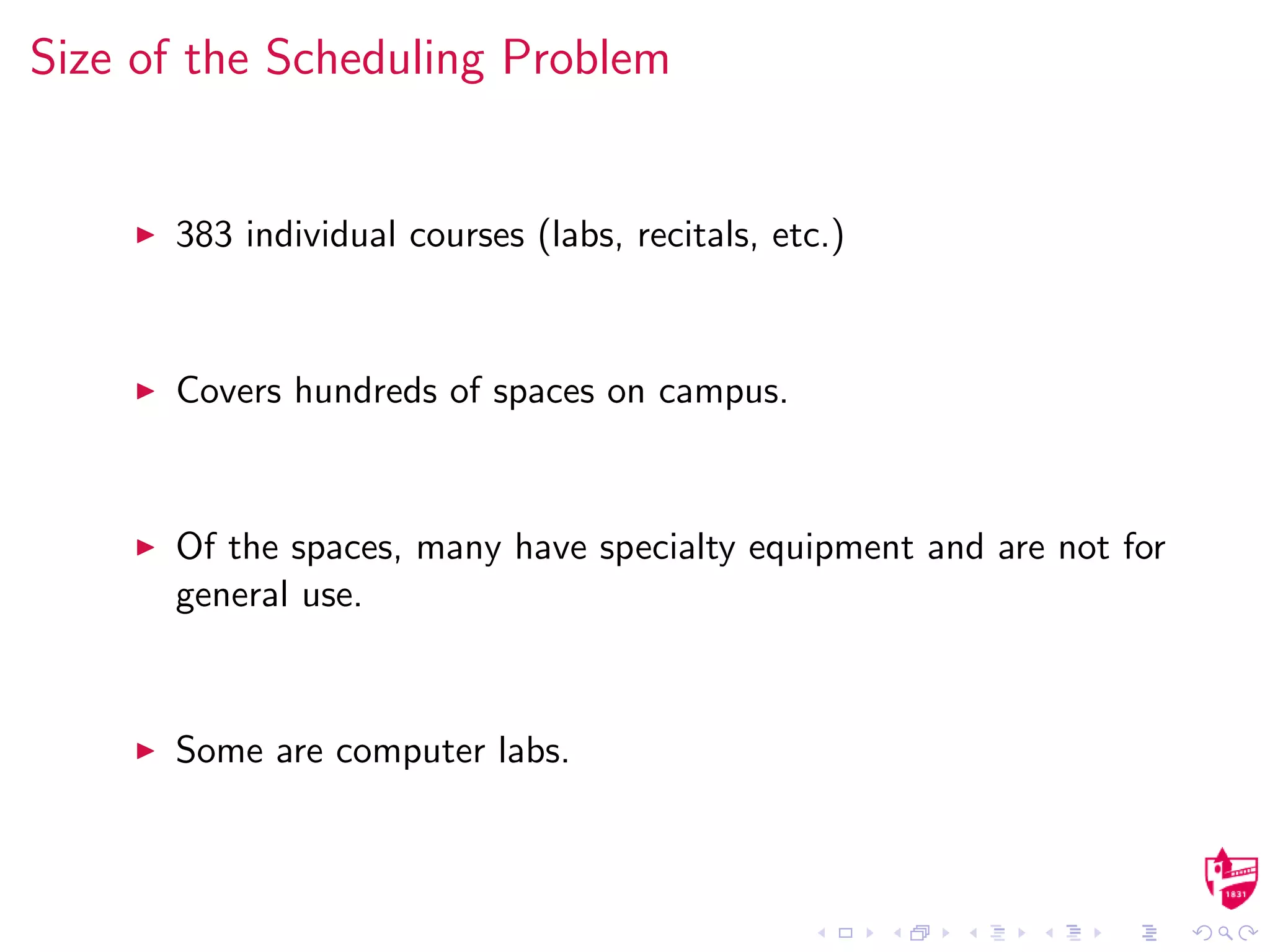 Size of the Scheduling Problem
383 individual courses (labs, recitals, etc.)
Covers hundreds of spaces on campus.
Of the spaces, many have specialty equipment and are not for
general use.
Some are computer labs.
 