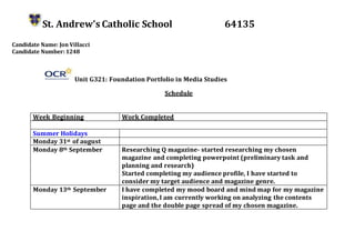 St. Andrew’s Catholic School 64135
Candidate Name: Jon Villacci
Candidate Number: 1248
Unit G321: Foundation Portfolio in Media Studies
Schedule
Week Beginning Work Completed
Summer Holidays
Monday 31st of august
Monday 8th September Researching Q magazine- started researching my chosen
magazine and completing powerpoint (preliminary task and
planning and research)
Started completing my audience profile, I have started to
consider my target audience and magazine genre.
Monday 13th September I have completed my mood board and mind map for my magazine
inspiration,I am currently working on analyzing the contents
page and the double page spread of my chosen magazine.
 