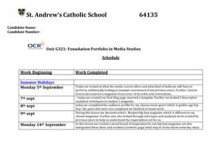 St. Andrew’s Catholic School 64135
Candidate Name:
Candidate Number:
Unit G321: Foundation Portfolio in Media Studies
Schedule
Week Beginning Work Completed
Summer Holidays
Monday 5th September Today we looked at what the media course offers and what kind of tasks we will have to
perform, additionally looking at example coursework from previous years. Further, I learnt
how to deconstruct a magazine front cover of its codes and conventions.
7th sept – today we created our first blog page, inserted a template. Further we looked 3 descriptive
analytical techniques to analyse a magazine.
8th sept today we completed the audience profile for my chosen music genre which is golden age hip-
hop.. the parts that were not completed we finished as home work.
9th sept During this lesson we deconstructed a Respect hip hop magazine which is different to my
chosen magazine. Further wer also looked through shot types and analyzed work created by
previous years to help us understand the expectations set for us.
Monday 14th September In this lesson we created a mood board of inspiration for our hip hop magazine, we also
intergrated these ideas and created a contents page mind map to brain storm some key ideas
 