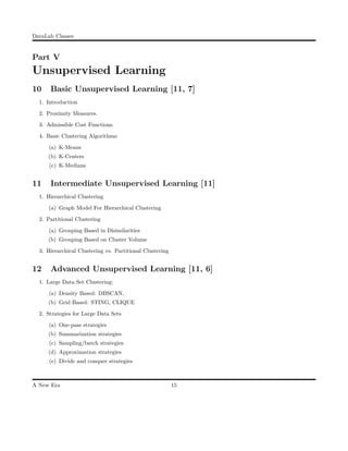 DataLab Classes
Part V
Unsupervised Learning
10 Basic Unsupervised Learning [11, 7]
1. Introduction
2. Proximity Measures.
3. Admissible Cost Functions.
4. Basic Clustering Algorithms:
(a) K-Means
(b) K-Centers
(c) K-Medians
11 Intermediate Unsupervised Learning [11]
1. Hierarchical Clustering
(a) Graph Model For Hierarchical Clustering
2. Partitional Clustering
(a) Grouping Based in Disimilarities
(b) Grouping Based on Cluster Volume
3. Hierarchical Clustering vs. Partitional Clustering
12 Advanced Unsupervised Learning [11, 6]
1. Large Data Set Clustering:
(a) Density Based: DBSCAN,
(b) Grid Based: STING, CLIQUE
2. Strategies for Large Data Sets
(a) One-pass strategies
(b) Summarization strategies
(c) Sampling/batch strategies
(d) Approximation strategies
(e) Divide and conquer strategies
A New Era 15
 