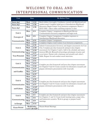 WELCOME TO ORAL AND
INTERPERSONAL COMMUNICATION
Page | 5
Unit Date Do Before Class
Snow day! Wed. 1/23 Read syllabus thoroughly. Familiarize yourself with Blackboard and
student email. Complete initial post to Introductions Blackboard
discussion. Begin Contact Your Instructor assignment. Watch 3
DAY ONE videos online and bring response to class
Snow day! Mon. 1/28
Snow day! Wed. 1/30
Unit 1:
Concepts of
Communication
Mon. 2/4 Complete Chapter 1 assignment in Blackboard. Review
Communication Inventory assignment and begin work.
Wed. 2/6 Complete Chapter 2 assignment. Complete responses to
Introductions Blackboard discussion
Mon. 2/11 Complete Chapter 3 assignment.
Wed. 2/13 Complete Chapter 4 and Contact Your Instructor assignments.
Unit 2:
Communicating
Your Potential
Mon. 2/18 Submit Communication Inventory and chapter assessments for Unit
One. Complete pre-class homework and post-class chapter
assessments for Chapters 5 and 6. Add to the scholarly and career
interests BB wiki. Research job postings and prepare resumes and
cover letters. Partner with a classmate and research each other’s
fields. Prepare for and conduct mock interviews.
Wed. 2/20
Mon. 2/25
Wed. 2/27
Mon. 3/4*
Wed. 3/6*
Unit 3:
Communication
and Conflict
Mon. 3/11
Complete pre-class homework and post-class chapter assessments
for Chapters 9 and 10. Create scenario for informative research and
prepare informative presentations with visual aids.
Wed. 3/13
Mon. 3/25
Wed. 3/27
Mon. 4/1*
Wed. 4/3*
Unit 4:
Communication
and Culture
Mon. 4/8
Complete pre-class homework and post-class chapter assessments
for Chapters 9 and 10. Create scenario for informative research and
prepare informative presentations with visual aids.
Wed. 4/10
Mon. 4/15
Wed. 4/17
Mon. 4/22*
Wed. 4/24*
Mon. 4/29*
Unit 5:
Communicating
in Groups
Wed. 5/1 Complete pre-class homework and post-class chapter assessments
for Chapters 11 and 12. Create board meeting teams, assign roles,
and brainstorm scenarios. Work in groups to prepare board
meetings.
Mon. 5/6
Wed. 5/8
Mon. 5/13
Exam Period
Wednesday,
5/15 7:30-9:20*
Present Board Meetings
 