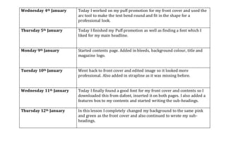 Wednesday 4th January Today I worked on my puff promotion for my front cover and used the
arc tool to make the text bend round and fit in the shape for a
professional look.
Thursday 5th January Today I finished my Puff promotion as well as finding a font which I
liked for my main headline.
Monday 9th January Started contents page. Added in bleeds, background colour, title and
magazine logo.
Tuesday 10th January Went back to front cover and edited image so it looked more
professional. Also added in strapline as it was missing before.
Wednesday 11th January Today I finally found a good font for my front cover and contents so I
downloaded this from dafont, inserted it on both pages. I also added a
features box to my contents and started writing the sub-headings.
Thursday 12th January In this lesson I completely changed my background to the same pink
and green as the front cover and also continued to wrote my sub-
headings.
 