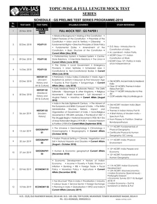 H.O.: 25/8, OLD RAJENDER NAGAR, DELHI­60. B.O.: 105­106, TOP FLOOR, MUKHERJEE TOWER MUKHERJEE NAGAR, DELHI­9
Ph:­ 011­45596505, 9999329111 www.vvrias.com
SCHEDULE : GS PRELIMS TEST SERIES PROGRAMME-2019
SL.
No.
TEST DATE TEST TOPIC SYLLABUS COVERED STUDY REFERENCE
1 25 Nov 2018
MOCK TEST
(FREE)
FULL MOCK TEST : GS PAPER I
2 02 Dec 2018 POLITY 01
• Historical Background • Making of the Constitution •
Salient Features of the Constitution • Preamble of the
Constitution • Union and its Territory • Citizenship •
Fundamental Rights • Directive Principles of State Policy
• Fundamental Duties • Amendment of the
Constitution. • Basic Structure of the Constitution +
Current Affairs (May 2018)
• D.D. Basu - Introduction to
Constitution of India.
• M. Laxmikant - Indian Polity
• NCERT Class 11th: Indian
Constitution at Work
• NCERT Class 12th: Politics in India
since Independence
3 09 Dec 2018 POLITY 02
• Parliamentary System • Federal System • Centre-
State Relations • Inter-State Relations • The Union +
Current Affairs (June 2018)
4 16 Dec 2018 POLITY 03
• The States • Local Government • Emergency
Provisions • Union territories • Scheduled area •
Constitutional & Non-Constitutional Bodies + Current
Affairs (July 2018)
5 23 Dec 2018
HISTORY 01
(Ancient
History and
Art & Culture)
• Prehistoric • Indus Valley Civilization • Vedic Age •
Buddhism & Jainism • Mauryan & Post Mauryan Age
• Guptas & Post Guptas • SangamAge, + Current
Affairs (May – July 2018)
• Old NCERTs: Ancient India & Medieval
India
• Class 12th NCERTs: Themes inIndian
HistoryPart I & II
• Class 11th NCERT: Introduction to Fine
Art
• CCRT website: http://ccrtindia.gov.in
6 30 Dec 2018
HISTORY 02
(Medieval
History and
Art & Culture)
• Early Medieval Period • Sultanate Period - The Delhi
Sultanate - Vijayanagar & other Kingdoms. • Religious
Movements - Bhakti Movement - Sufi Movement •
Mughal Period. • Marathas + Current Affairs (August
2018)
7 06 Jan 2019
HISTORY 03
(Modern
History)
• India in the late Eighteenth Century. • The Advent of
the Europeans and British Conquest of India. • The British
Administrative Structure, Reform, Impact and
Organization of Government of India. • Socio-Religious
Movements in 19th-20th centuries. • The Revolt of 1857 •
The Struggle Begins • National Movement (1905-18) • Era
of Mass Nationalism Begins (1919-39) • Towards Freedom
& Partition (1939-47)+ Current Affairs (September 2018)
• Old NCERT: Modern India (Bipin
Chandra)
• Themes in Indian History Part III
• A Brief History of Modern India –
Spectrum Pub.
• From Plassey to Partition: Shekhar
Bandyopadhyaya
8 13 Jan 2019
GEOGRAPHY
01
• The Universe • Geomorphology • Climatology •
Oceanography • Biogeography + Current Affairs
(October 2018)
• 11th NCERT: Fundamentals of
Physical Geography
• Certificate Physical & Human
Geography: GC Leong
9 20 Jan 2019
GEOGRAPHY
02
• Indian Physical Setting • Climate, Vegetation and
Soil • Natural Hazards and Disasters + Current Affairs
(August – October 2018)
• 11th NCERT: India: Physical
Environment
10 27 Jan 2019
GEOGRAPHY
03
• Human & Economic geography+ Current Affairs
(November 2018)
• 12th NCERT: India People and
Economy
• 12th NCERT: Fundamentals of
Human Geography
11 03 Feb 2019 ECONOMY 01
• Economic Development • Nature of Indian
Economy • Income • Poverty • Public Finance •
Inflation • Banking + RBI • Foreign Trade • Fiscal
Policy • Monetary Policy • Agriculture + Current
Affairs (December 2018)
• 11th NCERT: Indian Economic
Development
• 12th NCERT: Macroeconomics
• Indian Economy (Special Issue) -
Pratiyogita Darpan
• Economic Survey 2017-18, Budget
2018-19
• Indian Economy – Dutt &
Sundaram or MIshra & Puri
12 10 Feb 2019 ECONOMY 02
• Tax Structure* PSUs in India • Privatisation • Industry
• Labour Issues • Service Sector • Foreign Exchange
• Planning in India • Globalisation • WTO and India +
Current Affairs (January 2019)
TOPIC-WISE & FULL LENGTH MOCK TEST
SERIES
 