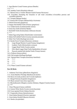1. Agra Monitor Lizard Varanus griseus (Daudin)
1-A. * * *
1-B. Audithia Turtle (Pelochelys bibroni)
1-C. Barred, Oval, or Yellow Monitor lizard (Varanus flavescens)
1-D. Crocodiles (Including the Estuarine or salt water crocodiles) (Crocodilus porosus and
    crocodilus palustris)
1-E. Terrapin (Batagur basika)
1-F. Eastern Hill Terrapin (Melanochelys tricarinata)
2. Gharial (Gravialis gangeticus)
3. Ganges Soft-shelled Turtle (Trionyx gangeticus)
3-A. Golden Gecko (Caloductyloides aureus)
4. Green Sea Turtle (Chelonia Mydas)
5. Hawksbill Turtle (Eretmochelys imbricata inlscata)
6. * * *
7. Indian Egg-eating Snake (Elachistodon westermanni)
8. Indian Soft-shelled Turtle (Lissemys punctata punctata)
9. Iidian Tent Turtle (Kachuga tecta tecta)
9-A. Kerala Forest Terrapin (Hoesemys sylrattca)
10.      Large Bengal Monitor Lizard (Varanus bengalensis)
11.      Leathery Turtle (Dermochelys coriacea)
12.      Logger Head Turtle (Caretta caretta)
13.      Olive Back Logger Head Turtle (lepidochelys olivacea)
14.      Peacock-marked Soft-shelled Turtle (Trionyx hurum)
14-A. Pythons (Genus python)
14-B. Sail terrapin (Kachuga Kachuga)
14-C. Spotted black Terrapin (Geoclemys hamiltoni)
15.      ***
16.      ***
17.      ***
17-A. Water Lizard (Varanus salvator)

Part III Birds

1. Andaman Teal (Anas gibberifrons allagularis)
1-A. Assam Bamboo Partridge (Bambusicola fytchii)
1-B. Bazas (Aviceda jeordone and Aviceda leuphotes)
1-C. Bengal Florican (Eupodotis bengalensis)
1-D. Black-necked Crane (Grus nigricollis)
1-E. Blood pheasants (Ithaginis cruentus tibetanus, lthagins Cruentus kuseri)
1-F. ***
2. Cheer Pheasant (Catreus wallichii)
2-A. Eastern White Stork (Ciconia ciconia boyciana)
2-B. Forest-spotted Owlet (Athene blewitti)
2-C. Frogmouths (Genus batrachostomus)
3. Great Indian Bustard (Choriotis nigriceps)
4. Great Indian Hornbill (Buceros bicornis)
4-A. Hawks (Accipitridao)
 