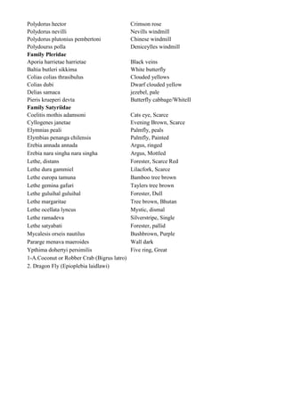 Polydorus hector                            Crimson rose
Polydorus nevilli                           Nevills windmill
Polydorus plutonius pembertoni              Chinese windmill
Polydourss polla                            Deniceylles windmill
Family Pleridae
Aporia harrietae harrietae                  Black veins
Baltia butleri sikkima                      White butterfly
Colias colias thrasibulus                   Clouded yellows
Colias dubi                                 Dwarf clouded yellow
Delias samaca                               jezebel, pale
Pieris krueperi devta                       Butterfly cabbage/WhiteII
Family Satyriidae
Coelitis mothis adamsoni                    Cats eye, Scarce
Cyllogenes janetae                          Evening Brown, Scarce
Elymnias peali                              Palmfly, peals
Elymbias penanga chilensis                  Palmfly, Painted
Erebia annada annada                        Argus, ringed
Erebia nara singha nara singha              Argus, Mottled
Lethe, distans                              Forester, Scarce Red
Lethe dura gammiel                          Lilacfork, Scarce
Lethe europa tamuna                         Bamboo tree brown
Lethe gemina gafuri                         Taylers tree brown
Lethe guluihal guluihal                     Forester, Dull
Lethe margaritae                            Tree brown, Bhutan
Lethe ocellata lyncus                       Mystic, dismal
Lethe ramadeva                              Silverstripe, Single
Lethe satyabati                             Forester, pallid
Mycalesis orseis nautilus                   Bushbrown, Purple
Pararge menava maeroides                    Wall dark
Ypthima dohertyi persimilis                 Five ring, Great
1-A.Coconut or Robber Crab (Bigrus latro)
2. Dragon Fly (Epioplebia laidlawi)
 