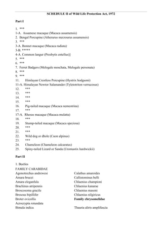 SCHEDULE II of Wild Life Protection Act, 1972

Part I

1. ***
1-A. Assamese macaque (Macaca assamensis)
2. Bengal Porcupine (Atherurus mecrourus assamensis)
3. ***
3-A. Bonnet macaque (Macaca radiata)
3-B. *****
4-A. Common langur (Presbytis entellus)]
5. ***
6. ***
7. Ferret Badgers (Melogale moschata, Melogale personata)
8. ***
9. ***
11.    Himlayan Crestless Porcupine (Hystrix hodgsoni)
11-A. Himalayan Newtor Salamander (Tyletotriton verrucosus)
12.    ***
13.    ***
14.    ***
15.    ***
16.    Pig-tailed macaque (Macaca nemestrina)
17.    ***
17-A. Rhesus macaque (Macaca mulatta)
18.    ***
19.    Stump-tailed macaque (Macaca speciosa)
20.    ***
21.    ***
22.    Wild dog or dhole (Cuon alpinus)
23.    ***
24.    Chameleon (Chameleon calcaratus)
25.    Spiny-tailed Lizard or Sanda (Uromastix hardwickii)

Part II

1. Beetles
FAMILY CARABIDAE
Agonotrechus andrewesi                   Calathus amaroides
Amara brucei                             Callistominus belli
Amara eleganfula                         Chlaenius championi
Brachinus atripennis                     Chlaenius kanarae
Broscosoma gracile                       Chlaenius masoni
Brosous bipillifer                       Chlaenius nilgiricus
Broter ovicollis                         Family chrysomelidae
Acrocrypta rotundata
Bimala indica                            Thauria aliris amplifascia
 