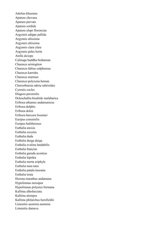 Adolias khasiana
Apatura chevana
Apatura parvata
Apatura sordida
Apatura ulupi florenciae
Argynnis adippe pallida
Argynnis altissima
Argynnis altissima
Argynnis clara clara
Argynnis pales horla
Atella alciope
Calinaga buddha brahaman
Charaxes aristogiton
Charaxes fabius sulphureus
Charaxes karruba
Charaxes marmax
Charaxes polyxena heman
Cheroobnesia rahria rahrioides
Cyrestis cocles
Diagora persimilis
Doleschallia bisaltide malabarica
Eriboea athames andamanicus
Eriboea delphis
Eriboea dolen
Eriboea harcoea lissainei
Euripus consimilis
Euripus halithereses
Euthalia anosia
Euthalia cocytus
Euthalia duda
Euthalia durga durga
Euthalia evalina landabilis
Euthalia franciae
Euthalia garuda acontius
Euthalia lepidea
Euthalia merta eriphyle
Euthalia nara nara
Euthalia patala taooana
Euthalia teuta
Horona marathus andamana
Hypolimnas missipus
Hypolimnas polynice birmana
Kallima albofasciata
Kallima alompra
Kallima philarchus horsfieldii
Limenitis austenia austenia
Limenitis damava
 
