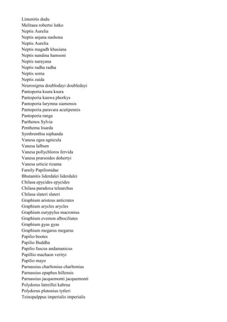 Limenitis dudu
Melitaea robertsi lutko
Neptis Aurelia
Neptis anjana nashona
Neptis Aurelia
Neptis magadh khasiana
Neptis nandina hamsoni
Neptis narayana
Neptis radha radha
Neptis soma
Neptis zaida
Neurosigma doublodayi doubledayi
Pantoporia ksura ksura
Pantoporia kanwa phorkys
Pantoporia larymna siamensis
Pantoporia paravara acutipennis
Pantoporia ranga
Parthenos Sylvia
Penthema lisarda
Symbrenthia niphanda
Vanesa egea agnicula
Vanesa lalbum
Vanesa pollychloros fervida
Vanesa prarsoides dohertyi
Vanesa urticie rizama
Family Papilionidae
Bhutanitis liderdalei liderdalei
Chilasa epycides epycides
Chilasa paradoxa telearchus
Chilasa slateri slateri
Graphium aristeus anticrates
Graphium arycles arycles
Graphium eurypylus macronius
Graphium evemon albociliates
Graphium gyas gyas
Graphium megarus megarus
Papilio bootes
Papilio Buddha
Papilio fuscus andamanicus
Papillio machaon verityi
Papilio mayo
Parnassius charltonius charltonius
Parnassius epaphus hillensis
Parnassius jacquemonti jacquemonti
Polydorus latreillei kabrua
Polydorus plutonius tytleri
Teinopalppus imperialis imperialis
 