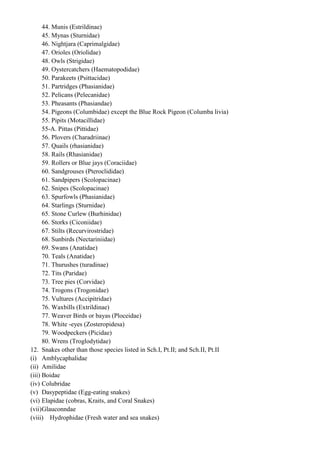 44. Munis (Estrildinae)
      45. Mynas (Sturnidae)
      46. Nightjara (Caprimalgidae)
      47. Orioles (Oriolidae)
      48. Owls (Strigidae)
      49. Oystercatchers (Haematopodidae)
      50. Parakeets (Psittacidae)
      51. Partridges (Phasianidae)
      52. Pelicans (Pelecanidae)
      53. Pheasants (Phasiandae)
      54. Pigeons (Columbidae) except the Blue Rock Pigeon (Columba livia)
      55. Pipits (Motacillidae)
      55-A. Pittas (Pittidae)
      56. Plovers (Charadriinae)
      57. Quails (rhasianidae)
      58. Rails (Rhasianidae)
      59. Rollers or Blue jays (Coraciidae)
      60. Sandgrouses (Pteroclididae)
      61. Sandpipers (Scolopacinae)
      62. Snipes (Scolopacinae)
      63. Spurfowls (Phasianidae)
      64. Starlings (Sturnidae)
      65. Stone Curlew (Burhinidae)
      66. Storks (Ciconiidae)
      67. Stilts (Recurvirostridae)
      68. Sunbirds (Nectariniidae)
      69. Swans (Anatidae)
      70. Teals (Anatidae)
      71. Thurushes (turadinae)
      72. Tits (Paridae)
      73. Tree pies (Corvidae)
      74. Trogons (Trogonidae)
      75. Vultures (Accipitridae)
      76. Waxbills (Extrildinae)
      77. Weaver Birds or bayas (Ploceidae)
      78. White -eyes (Zosteropidesa)
      79. Woodpeckers (Picidae)
      80. Wrens (Troglodytidae)
12. Snakes other than those species listed in Sch.I, Pt.II; and Sch.II, Pt.II
(i) Amblycaphalidae
(ii) Amilidae
(iii) Boidae
(iv) Colubridae
(v) Dasypeptidae (Egg-eating snakes)
(vi) Elapidae (cobras, Kraits, and Coral Snakes)
(vii) Glauconndae
(viii) Hydrophidae (Fresh water and sea snakes)
 