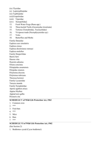(ix) Tlysiidae
(x) Leptotyphlopidae
(xi) Typhlopidae
(xii)Uropelotidae
(xiii) Viperidae
(xiv) Xenopeltidae]
13.     Fresh Water Frogs (Rana spp.)
14.     Three-keeled Turtle (Geoemydas tricarinata)
15.     Tortoise (Testudinidae, Tryonychidae)
16.     Vivipaous toads (Nectophyrynoides sp.)
17.     Voles
18.     Butterflies and Moths
Family Danaidae
Euploca core simulatrix
Euploca crassa
Euploca dioclctianus ramsayi
Euploca muleiber
Family Hesperilidae
Baoris farri
Hasora vitta
Hyarotis adrastus
Oriens concinna
Pelopipidas assamensis
Pelopidas sinensis
Polytrema discreta
Polytrema rubricans
Thoressa horiorei
Family Lycaenidae
Tarucus ananda
Family Nymphalidae
Aporia agathon ariaca
Appias libythea
Appiad nero galba
Prioneris sita
SCHEDULE V of Wild Life Protection Act, 1962
1. Common crow
2. ***
3. Fruit bats
4. ***
5. Mice
6. Rats
7 ***
SCHEDULE VI of Wild Life Protection Act, 1962
(See Section 2)
1. Beddomes cycad (Cycas beddomei)
 