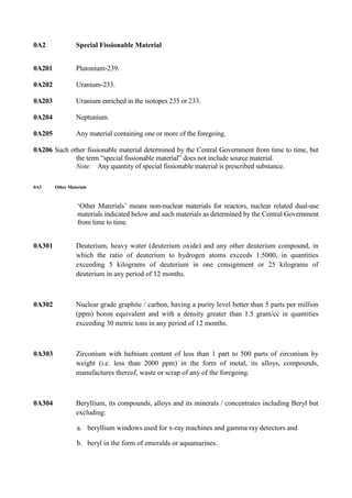 0A2               Special Fissionable Material


0A201             Plutonium-239.

0A202             Uranium-233.

0A203             Uranium enriched in the isotopes 235 or 233.

0A204             Neptunium.

0A205             Any material containing one or more of the foregoing.

0A206 Such other fissionable material determined by the Central Government from time to time, but
             the term “special fissionable material” does not include source material.
             Note: Any quantity of special fissionable material is prescribed substance.

0A3     Other Materials



                  „Other Materials‟ means non-nuclear materials for reactors, nuclear related dual-use
                  materials indicated below and such materials as determined by the Central Government
                  from time to time.


0A301             Deuterium, heavy water (deuterium oxide) and any other deuterium compound, in
                  which the ratio of deuterium to hydrogen atoms exceeds 1:5000, in quantities
                  exceeding 5 kilograms of deuterium in one consignment or 25 kilograms of
                  deuterium in any period of 12 months.



0A302             Nuclear grade graphite / carbon, having a purity level better than 5 parts per million
                  (ppm) boron equivalent and with a density greater than 1.5 gram/cc in quantities
                  exceeding 30 metric tons in any period of 12 months.



0A303             Zirconium with hafnium content of less than 1 part to 500 parts of zirconium by
                  weight (i.e. less than 2000 ppm) in the form of metal, its alloys, compounds,
                  manufactures thereof, waste or scrap of any of the foregoing.



0A304             Beryllium, its compounds, alloys and its minerals / concentrates including Beryl but
                  excluding:

                  a. beryllium windows used for x-ray machines and gamma ray detectors and

                  b. beryl in the form of emeralds or aquamarines.
 