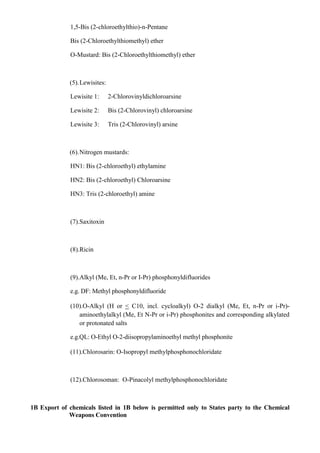 1,5-Bis (2-chloroethylthio)-n-Pentane

              Bis (2-Chloroethylthiomethyl) ether

              O-Mustard: Bis (2-Chloroethylthiomethyl) ether



             (5). Lewisites:

              Lewisite 1:      2-Chlorovinyldichloroarsine

              Lewisite 2:      Bis (2-Chlorovinyl) chloroarsine

              Lewisite 3:      Tris (2-Chlorovinyl) arsine



             (6). Nitrogen mustards:

              HN1: Bis (2-chloroethyl) ethylamine

              HN2: Bis (2-chloroethyl) Chloroarsine

              HN3: Tris (2-chloroethyl) amine



              (7).Saxitoxin



              (8).Ricin



              (9).Alkyl (Me, Et, n-Pr or I-Pr) phosphonyldifluorides

              e.g. DF: Methyl phosphonyldifluoride

              (10).O-Alkyl (H or < C10, incl. cycloalkyl) O-2 dialkyl (Me, Et, n-Pr or i-Pr)-
                 aminoethylalkyl (Me, Et N-Pr or i-Pr) phosphonites and corresponding alkylated
                 or protonated salts

              e.g.QL: O-Ethyl O-2-diisopropylaminoethyl methyl phosphonite

              (11).Chlorosarin: O-Isopropyl methylphosphonochloridate



              (12).Chlorosoman: O-Pinacolyl methylphosphonochloridate



1B Export of chemicals listed in 1B below is permitted only to States party to the Chemical
             Weapons Convention
 