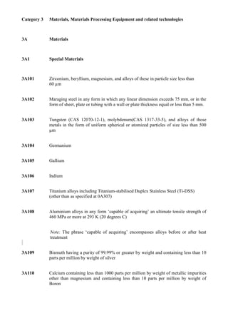 Category 3   Materials, Materials Processing Equipment and related technologies



3A           Materials



3A1          Special Materials



3A101        Zirconium, beryllium, magnesium, and alloys of these in particle size less than
             60 µm


3A102        Maraging steel in any form in which any linear dimension exceeds 75 mm, or in the
             form of sheet, plate or tubing with a wall or plate thickness equal or less than 5 mm.


3A103        Tungsten (CAS 12070-12-1), molybdenum(CAS 1317-33-5), and alloys of those
             metals in the form of uniform spherical or atomized particles of size less than 500
             µm


3A104        Germanium


3A105        Gallium


3A106        Indium


3A107        Titanium alloys including Titanium-stabilised Duplex Stainless Steel (Ti-DSS)
             (other than as specified at 0A307)


3A108        Aluminium alloys in any form „capable of acquiring‟ an ultimate tensile strength of
             460 MPa or more at 293 K (20 degrees C)


             Note: The phrase „capable of acquiring‟ encompasses alloys before or after heat
             treatment


3A109        Bismuth having a purity of 99.99% or greater by weight and containing less than 10
             parts per million by weight of silver


3A110        Calcium containing less than 1000 parts per million by weight of metallic impurities
             other than magnesium and containing less than 10 parts per million by weight of
             Boron
 