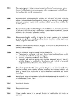 3B001   Remote manipulators that provide mechanical translation of human operator actions
        by electrical, hydraulic or mechanical means and operating arm and terminal fixture
        that can be used to provide remote actions;



3B002   Multidirectional, multidimensional weaving and interlacing machines, including
        adapters and modification kits for weaving, interlacing or braiding fibres to fabricate
        composite structures except textile machinery which has not been modified for
        rocket systems;


3B003   Equipment designed or modified for production of fibrous or filamentary materials
        as follows: converting polymeric substances; vapour deposition on heated filament
        substrates; wet spinning of refractory ceramics.


3B004   Equipment designed or modified for special fibre surface treatment or for producing
        prepregs and preforms, including rollers, tension stretchers, coating equipment,
        cutting equipment and clicker dies;


3B005   Chemical vapour deposition furnaces designed or modified for the densification of
        carbon-carbon composites.


3B006   Pyrolytic deposition and densification equipment including:
        a. Technology for producing pyrolytically derived materials formed on a mould,
           mandrel or other substrate from precursor gases.
        b. Specially designed nozzles for the above process.
        c. Equipment and process controls and specially designated software thereof,
           specially designed or modified for densification and pyrolysis of structural
           composite rocket nozzles and re-entry vehicle nose tips.


3B007   Production equipment usable for or specially designed or modified for production,
        handling, mixing, curing, casting, pressing, machining or acceptance testing of the
        solid or liquid rocket propellants or rocket propellant constituents and related
        technology.

3B008   Refrigeration units and equipment capable of cooling hydrogen or helium to -250
        degrees Celsius (23K) or lower.


3B009   Continuous nitrators.


3B010   Dehydration presses.


3B011   Screw extruders usable for or specially designed or modified for high explosive
        extrusion.
 