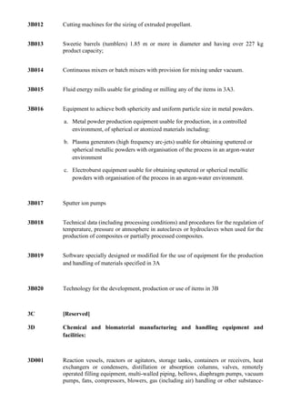 3B012   Cutting machines for the sizing of extruded propellant.


3B013   Sweetie barrels (tumblers) 1.85 m or more in diameter and having over 227 kg
        product capacity;


3B014   Continuous mixers or batch mixers with provision for mixing under vacuum.


3B015   Fluid energy mills usable for grinding or milling any of the items in 3A3.


3B016   Equipment to achieve both sphericity and uniform particle size in metal powders.

        a. Metal powder production equipment usable for production, in a controlled
           environment, of spherical or atomized materials including:

        b. Plasma generators (high frequency arc-jets) usable for obtaining sputtered or
           spherical metallic powders with organisation of the process in an argon-water
           environment

        c. Electroburst equipment usable for obtaining sputtered or spherical metallic
           powders with organisation of the process in an argon-water environment.



3B017   Sputter ion pumps


3B018   Technical data (including processing conditions) and procedures for the regulation of
        temperature, pressure or atmosphere in autoclaves or hydroclaves when used for the
        production of composites or partially processed composites.


3B019   Software specially designed or modified for the use of equipment for the production
        and handling of materials specified in 3A



3B020   Technology for the development, production or use of items in 3B



3C      [Reserved]

3D      Chemical and biomaterial manufacturing and handling equipment and
        facilities:



3D001   Reaction vessels, reactors or agitators, storage tanks, containers or receivers, heat
        exchangers or condensers, distillation or absorption columns, valves, remotely
        operated filling equipment, multi-walled piping, bellows, diaphragm pumps, vacuum
        pumps, fans, compressors, blowers, gas (including air) handling or other substance-
 