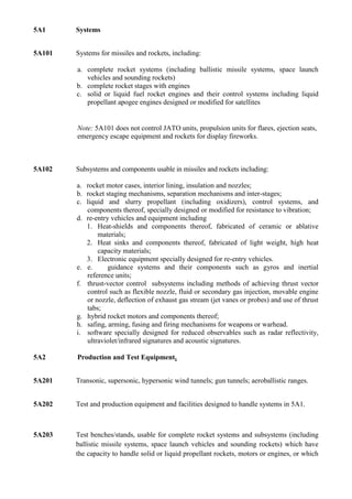 5A1     Systems


5A101   Systems for missiles and rockets, including:

        a. complete rocket systems (including ballistic missile systems, space launch
           vehicles and sounding rockets)
        b. complete rocket stages with engines
        c. solid or liquid fuel rocket engines and their control systems including liquid
           propellant apogee engines designed or modified for satellites


        Note: 5A101 does not control JATO units, propulsion units for flares, ejection seats,
        emergency escape equipment and rockets for display fireworks.



5A102   Subsystems and components usable in missiles and rockets including:

        a. rocket motor cases, interior lining, insulation and nozzles;
        b. rocket staging mechanisms, separation mechanisms and inter-stages;
        c. liquid and slurry propellant (including oxidizers), control systems, and
           components thereof, specially designed or modified for resistance to vibration;
        d. re-entry vehicles and equipment including
           1. Heat-shields and components thereof, fabricated of ceramic or ablative
               materials;
           2. Heat sinks and components thereof, fabricated of light weight, high heat
               capacity materials;
           3. Electronic equipment specially designed for re-entry vehicles.
        e. e.      guidance systems and their components such as gyros and inertial
           reference units;
        f. thrust-vector control subsystems including methods of achieving thrust vector
           control such as flexible nozzle, fluid or secondary gas injection, movable engine
           or nozzle, deflection of exhaust gas stream (jet vanes or probes) and use of thrust
           tabs;
        g. hybrid rocket motors and components thereof;
        h. safing, arming, fusing and firing mechanisms for weapons or warhead.
        i. software specially designed for reduced observables such as radar reflectivity,
           ultraviolet/infrared signatures and acoustic signatures.

5A2     Production and Test Equipment.


5A201   Transonic, supersonic, hypersonic wind tunnels; gun tunnels; aeroballistic ranges.


5A202   Test and production equipment and facilities designed to handle systems in 5A1.



5A203   Test benches/stands, usable for complete rocket systems and subsystems (including
        ballistic missile systems, space launch vehicles and sounding rockets) which have
        the capacity to handle solid or liquid propellant rockets, motors or engines, or which
 