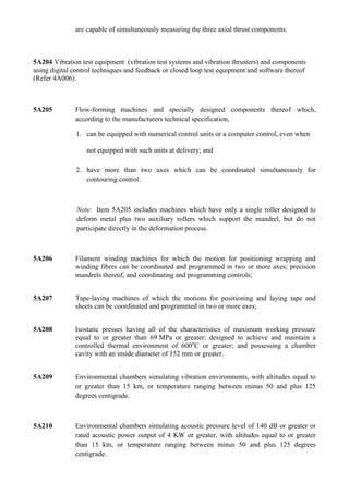 are capable of simultaneously measuring the three axial thrust components.



5A204 Vibration test equipment (vibration test systems and vibration thrusters) and components
using digital control techniques and feedback or closed loop test equipment and software thereof
(Refer 4A006).



5A205         Flow-forming machines and specially designed components thereof which,
              according to the manufacturers technical specification,

               1. can be equipped with numerical control units or a computer control, even when

                  not equipped with such units at delivery; and

               2. have more than two axes which can be coordinated simultaneously for
                  contouring control.



               Note: Item 5A205 includes machines which have only a single roller designed to
               deform metal plus two auxiliary rollers which support the mandrel, but do not
               participate directly in the deformation process.



5A206         Filament winding machines for which the motion for positioning wrapping and
              winding fibres can be coordinated and programmed in two or more axes; precision
              mandrels thereof, and coordinating and programming controls;


5A207         Tape-laying machines of which the motions for positioning and laying tape and
              sheets can be coordinated and programmed in two or more axes;


5A208         Isostatic presses having all of the characteristics of maximum working pressure
              equal to or greater than 69 MPa or greater; designed to achieve and maintain a
              controlled thermal environment of 600oC or greater; and possessing a chamber
              cavity with an inside diameter of 152 mm or greater.


5A209         Environmental chambers simulating vibration environments, with altitudes equal to
              or greater than 15 km, or temperature ranging between minus 50 and plus 125
              degrees centigrade.



5A210         Environmental chambers simulating acoustic pressure level of 140 dB or greater or
              rated acoustic power output of 4 KW or greater, with altitudes equal to or greater
              than 15 km, or temperature ranging between minus 50 and plus 125 degrees
              centigrade.
 