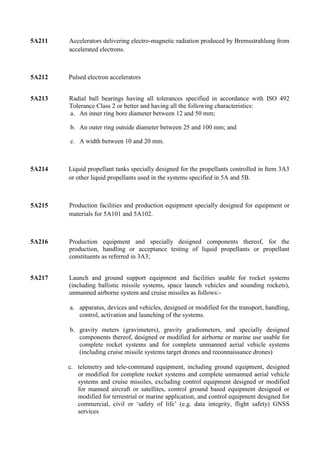 5A211   Accelerators delivering electro-magnetic radiation produced by Bremsstrahlung from
        accelerated electrons.



5A212   Pulsed electron accelerators


5A213   Radial ball bearings having all tolerances specified in accordance with ISO 492
        Tolerance Class 2 or better and having all the following characteristics:
        a. An inner ring bore diameter between 12 and 50 mm;

        b. An outer ring outside diameter between 25 and 100 mm; and

        c. A width between 10 and 20 mm.



5A214   Liquid propellant tanks specially designed for the propellants controlled in Item 3A3
        or other liquid propellants used in the systems specified in 5A and 5B.



5A215   Production facilities and production equipment specially designed for equipment or
        materials for 5A101 and 5A102.



5A216   Production equipment and specially designed components thereof, for the
        production, handling or acceptance testing of liquid propellants or propellant
        constituents as referred in 3A3;


5A217   Launch and ground support equipment and facilities usable for rocket systems
        (including ballistic missile systems, space launch vehicles and sounding rockets),
        unmanned airborne system and cruise missiles as follows:-

        a. apparatus, devices and vehicles, designed or modified for the transport, handling,
           control, activation and launching of the systems.

        b. gravity meters (gravimeters), gravity gradiometers, and specially designed
           components thereof, designed or modified for airborne or marine use usable for
           complete rocket systems and for complete unmanned aerial vehicle systems
           (including cruise missile systems target drones and reconnaissance drones)

        c. telemetry and tele-command equipment, including ground equipment, designed
           or modified for complete rocket systems and complete unmanned aerial vehicle
           systems and cruise missiles, excluding control equipment designed or modified
           for manned aircraft or satellites, control ground based equipment designed or
           modified for terrestrial or marine application, and control equipment designed for
           commercial, civil or „safety of life‟ (e.g. data integrity, flight safety) GNSS
           services
 