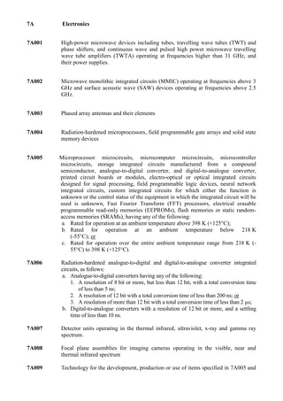 7A       Electronics


7A001   High-power microwave devices including tubes, travelling wave tubes (TWT) and
        phase shifters, and continuous wave and pulsed high power microwave travelling
        wave tube amplifiers (TWTA) operating at frequencies higher than 31 GHz, and
        their power supplies.


7A002   Microwave monolithic integrated circuits (MMIC) operating at frequencies above 3
        GHz and surface acoustic wave (SAW) devices operating at frequencies above 2.5
        GHz.


7A003   Phased array antennas and their elements


7A004   Radiation-hardened microprocessors, field programmable gate arrays and solid state
        memory devices


7A005   Microprocessor microcircuits, microcomputer microcircuits, microcontroller
        microcircuits, storage integrated circuits manufactured from a compound
        semiconductor, analogue-to-digital converter, and digital-to-analogue converter,
        printed circuit boards or modules, electro-optical or optical integrated circuits
        designed for signal processing, field programmable logic devices, neural network
        integrated circuits, custom integrated circuits for which either the function is
        unknown or the control status of the equipment in which the integrated circuit will be
        used is unknown, Fast Fourier Transform (FFT) processors, electrical erasable
        programmable read-only memories (EEPROMs), flash memories or static random-
        access memories (SRAMs), having any of the following:
         a. Rated for operation at an ambient temperature above 398 K (+125°C);
         b. Rated for operation at an ambient temperature below 218 K
            (-55°C); or
         c. Rated for operation over the entire ambient temperature range from 218 K (-
            55°C) to 398 K (+125°C).

7A006   Radiation-hardened analogue-to-digital and digital-to-analogue converter integrated
        circuits, as follows:
        a. Analogue-to-digital converters having any of the following:
            1. A resolution of 8 bit or more, but less than 12 bit, with a total conversion time
                 of less than 5 ns;
            2. A resolution of 12 bit with a total conversion time of less than 200 ns; or
            3. A resolution of more than 12 bit with a total conversion time of less than 2 µs;
        b. Digital-to-analogue converters with a resolution of 12 bit or more, and a settling
            time of less than 10 ns.

7A007   Detector units operating in the thermal infrared, ultraviolet, x-ray and gamma ray
        spectrum.

7A008   Focal plane assemblies for imaging cameras operating in the visible, near and
        thermal infrared spectrum

7A009   Technology for the development, production or use of items specified in 7A005 and
 