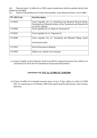(iii)   „Deemed export‟ of edible oils to 100% export oriented units with the condition that the final
product be non-edible,
(iv)     Export of Oils produced out of minor forest produce, as per table given below, even if edible :

 ITC (HS) Code                Item Description

 15159010                     Fixed Vegetable oils viz. Neutralised and Bleached Morwah Oil/fat,
                              Neutralised and Bleached Kokum oil/fat, Neutralised and Bleached Sal
                              oil/ sal fat / Stearine.
 15159020                     Fixed vegetable oils viz. Dhup oil, Neemseed oil

 15159030                     Fixed vegetable oils viz. Nigerseed oil.

 15159040                     Fixed vegetable oils viz. Neutralised and Bleached Mango kernel

                              fat/oil/stearine/olein.

 15179010                     Sal Fat (Processed or Refined).

 15219020                     Shellac wax, whether or not coloured.



 (v) Export of edible oil from Domestic Tariff Area (DTA) to Special Economic Zone (SEZ) to be
     consumed by the SEZ units for manufacture of processed food products.



                        (substituted vide NTF. No. 33/2008, DT. 19/08/2008)



 (vi) Export of edible oil in branded consumer packs of up to 5 Kgs, subject to a limit of 10,000
     MTs for a period up to 31st October, 2009: Such exports shall be allowed only from Customs
     EDI Ports.
 