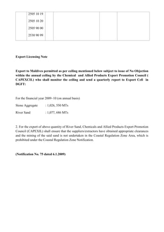 2505 10 19

         2505 10 20

         2505 90 00

         2530 90 99




Export Licensing Note



Export to Maldives permitted as per ceiling mentioned below subject to issue of No Objection
within the annual ceiling by the Chemical and Allied Products Export Promotion Council (
CAPEXCIL) who shall monitor the ceiling and send a quarterly report to Export Cell in
DGFT:



For the financial year 2009–10 (on annual basis)

Stone Aggregate       : 1,026, 550 MTs

River Sand            : 1,077, 686 MTs



2. For the export of above quantity of River Sand, Chemicals and Allied Products Export Promotion
Council (CAPEXIL) shall ensure that the suppliers/extractors have obtained appropriate clearances
and the mining of the said sand is not undertaken in the Coastal Regulation Zone Area, which is
prohibited under the Coastal Regulation Zone Notification.



(Notification No. 75 dated 6.1.2009)
 