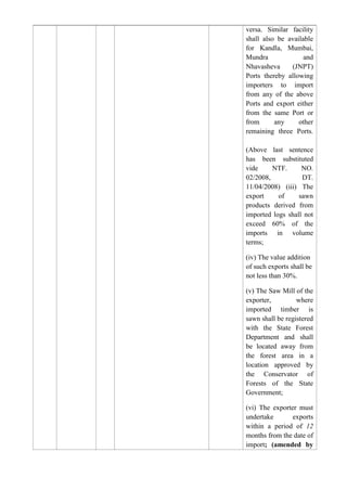 versa. Similar facility
shall also be available
for Kandla, Mumbai,
Mundra              and
Nhavasheva     (JNPT)
Ports thereby allowing
importers to import
from any of the above
Ports and export either
from the same Port or
from      any     other
remaining three Ports.

(Above last sentence
has been substituted
vide     NTF.      NO.
02/2008,           DT.
11/04/2008) (iii) The
export     of     sawn
products derived from
imported logs shall not
exceed 60% of the
imports in volume
terms;

(iv) The value addition
of such exports shall be
not less than 30%.

(v) The Saw Mill of the
exporter,         where
imported timber is
sawn shall be registered
with the State Forest
Department and shall
be located away from
the forest area in a
location approved by
the Conservator of
Forests of the State
Government;

(vi) The exporter must
undertake       exports
within a period of 12
months from the date of
import; (amended by
 