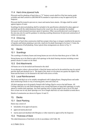 4:12 PM01/28/16
10
11.4 Hard chine plywood hulls
Plywood used for planking of hard chine or “V” bottom vessels shall be of the best marine grade
available and shall conform to (BS1088/4079) standard or equivalent as may be approved by the
Inspector.
Plywood shall be treated to prevent rot, insect and marine borer attacks. All edges shall be sealed
against ingress of water.
Scantlings for plywood planking shall be included in the specification submitted for plans approval
and shall specify the sided dimension based on the vessel size, the use intended, the installed
horsepower and estimated maximum speed of operation. Other successful plywood vessel designs in
the area may also be used for guidance in selecting scantling dimensions for plywood construction of
similar size and style.
11.5 Chine log
All vessels of hard chine construction shall have proper chine logs or stringers installed at the junction
of topsides and bottom planking to provide a land size for plank fastening(s) of at least 1.5 times the
sided dimension of hull planking. Some typical chine arrangements are shown in Fig: 13
12. Decks
12.1 Scantlings
The scantlings of ordinary beams and strong beams are not to be less than those given in Table: III.
Strong beams are to be fitted at ends of all openings in the deck framing structure including at mast
partner chocks if a mast is to be fitted.
12.2 End Attachments
All beams are to be dovetailed and fastened to the shelf.
As an alternative where a plywood deck is fitted the beams need not be dovetailed but may be carried
past the shelf and checked over it. The depth of the check is to be about one quarter the depth of the
beam and the beam is to be fastened to the shelf with screws or bolts.
12.3 Local Reinforcement
The beams and deck are to be suitably strengthened with Lodging Knees, Hanging Knees and under
deck reinforcing Chocks in way of mooring posts, mast and cleats etc.
All deck openings are to be properly framed with Carlings fitted to receive the half beams. All
Carlings shall have tie rods fitted alongside every second half beam on large deck openings or evenly
spaced in smaller deck openings. Any deck opening with a Carling length of up to 2m (6.5ft) shall
have at least one tie rod, deck openings over 2m in length shall have tie rods installed as noted above.
Details of construction are shown in Figures 14 and 15.
13. Decks
13.1 Deck Planking
Decks may consist of:
 laid planks of an approved species.
 approved marine plywood
 marine plywood sheathed with fibreglass or other material as approved by the Inspector.
13.2 Thickness of Deck
The sided dimensions of laid deck is to be in accordance with Table: III.
 