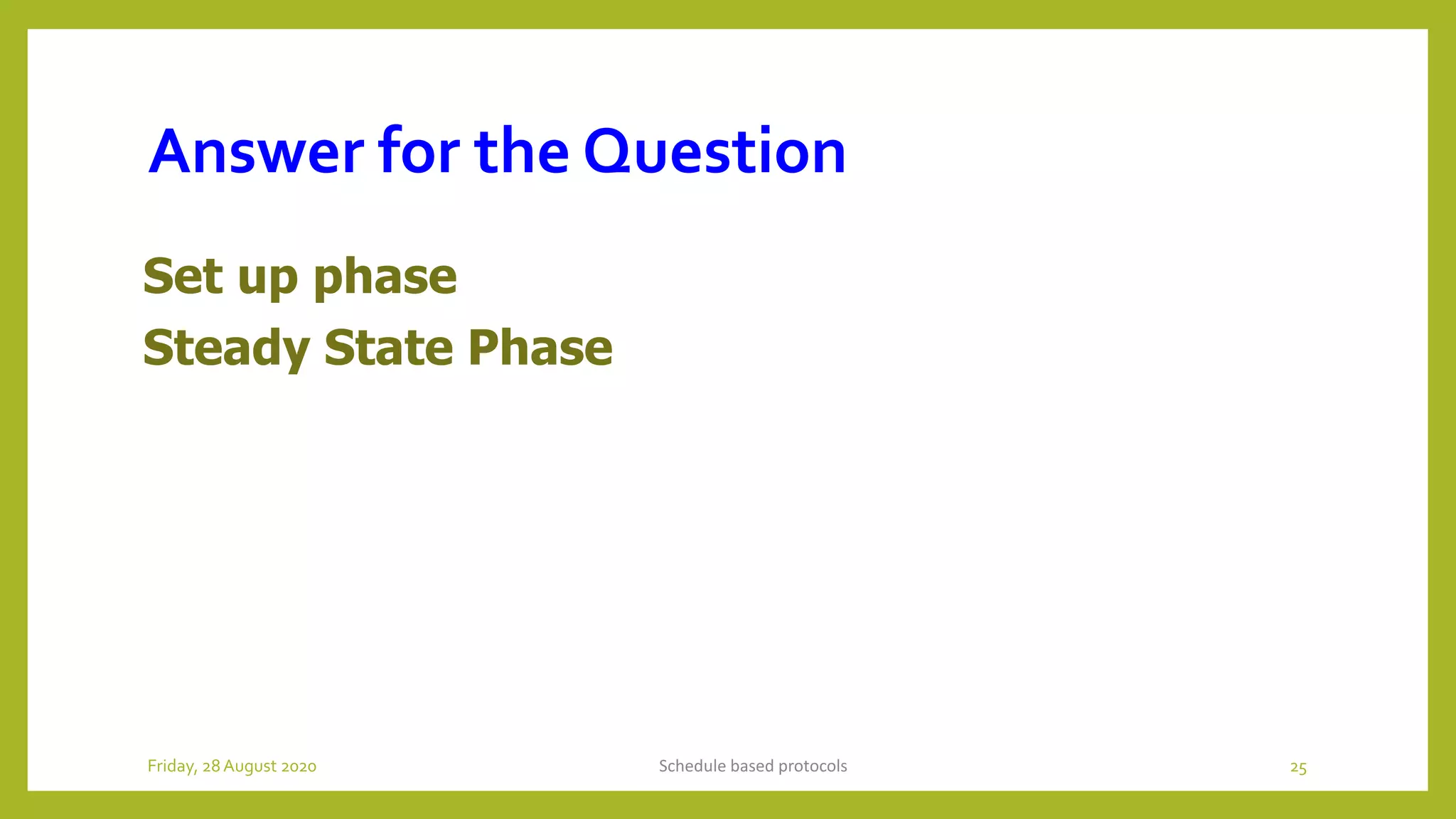 Answer for the Question
Set up phase
Steady State Phase
Schedule based protocols 25Friday, 28August 2020
 
