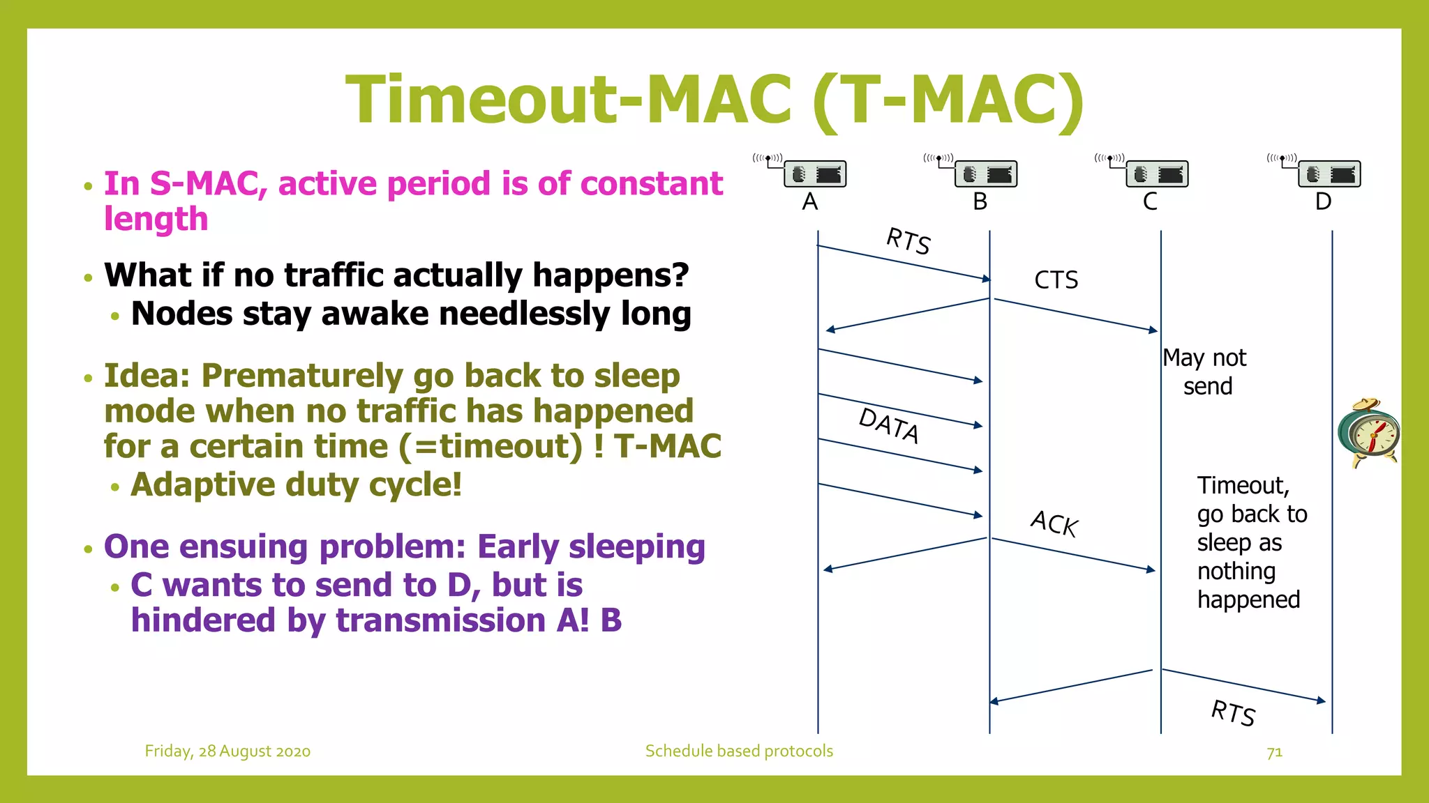 Timeout-MAC (T-MAC)
• In S-MAC, active period is of constant
length
• What if no traffic actually happens?
• Nodes stay awake needlessly long
• Idea: Prematurely go back to sleep
mode when no traffic has happened
for a certain time (=timeout) ! T-MAC
• Adaptive duty cycle!
• One ensuing problem: Early sleeping
• C wants to send to D, but is
hindered by transmission A! B
A B C D
CTS
May not
send
Timeout,
go back to
sleep as
nothing
happened
71Schedule based protocolsFriday, 28August 2020
 