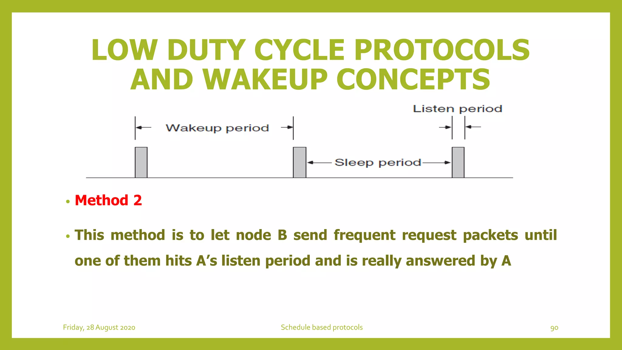 LOW DUTY CYCLE PROTOCOLS
AND WAKEUP CONCEPTS
• Method 2
• This method is to let node B send frequent request packets until
one of them hits A’s listen period and is really answered by A
Friday, 28August 2020 Schedule based protocols 90
 
